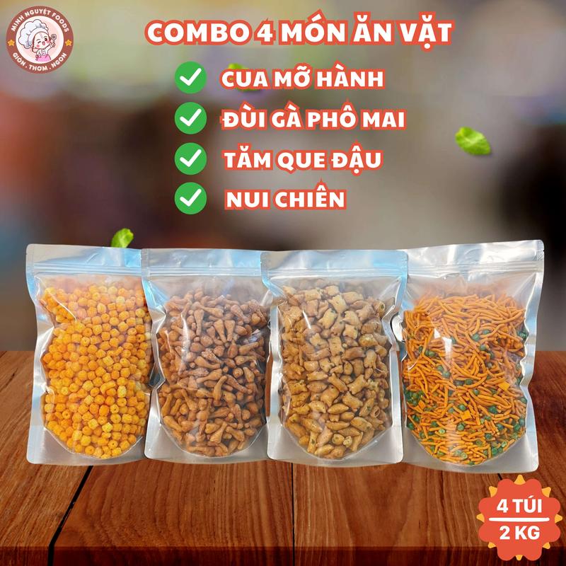 Combo 2Kg Quẩy Snack Mix 4 Vị : Cua Mỡ Hành - Đùi Gà Phô Mai - Tăm Que Đậu - Nui Chiên [ Minh Nguyệt Foods ] Ăn Vặt