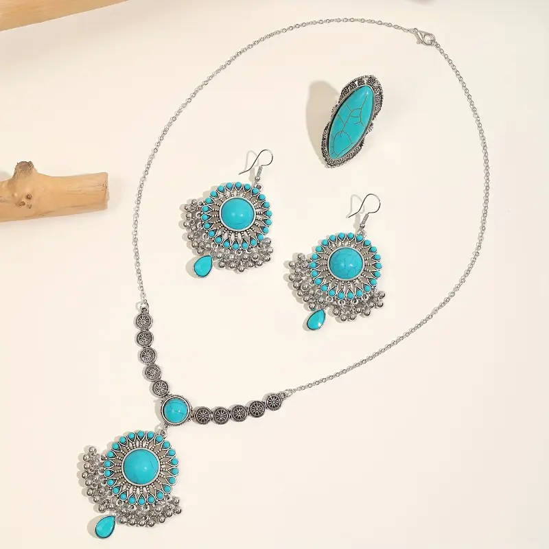 Handmade Turquoise Jewelry Set, Vintage Necklace Earrings Ring, Bohemian Statement Gift for Women 1