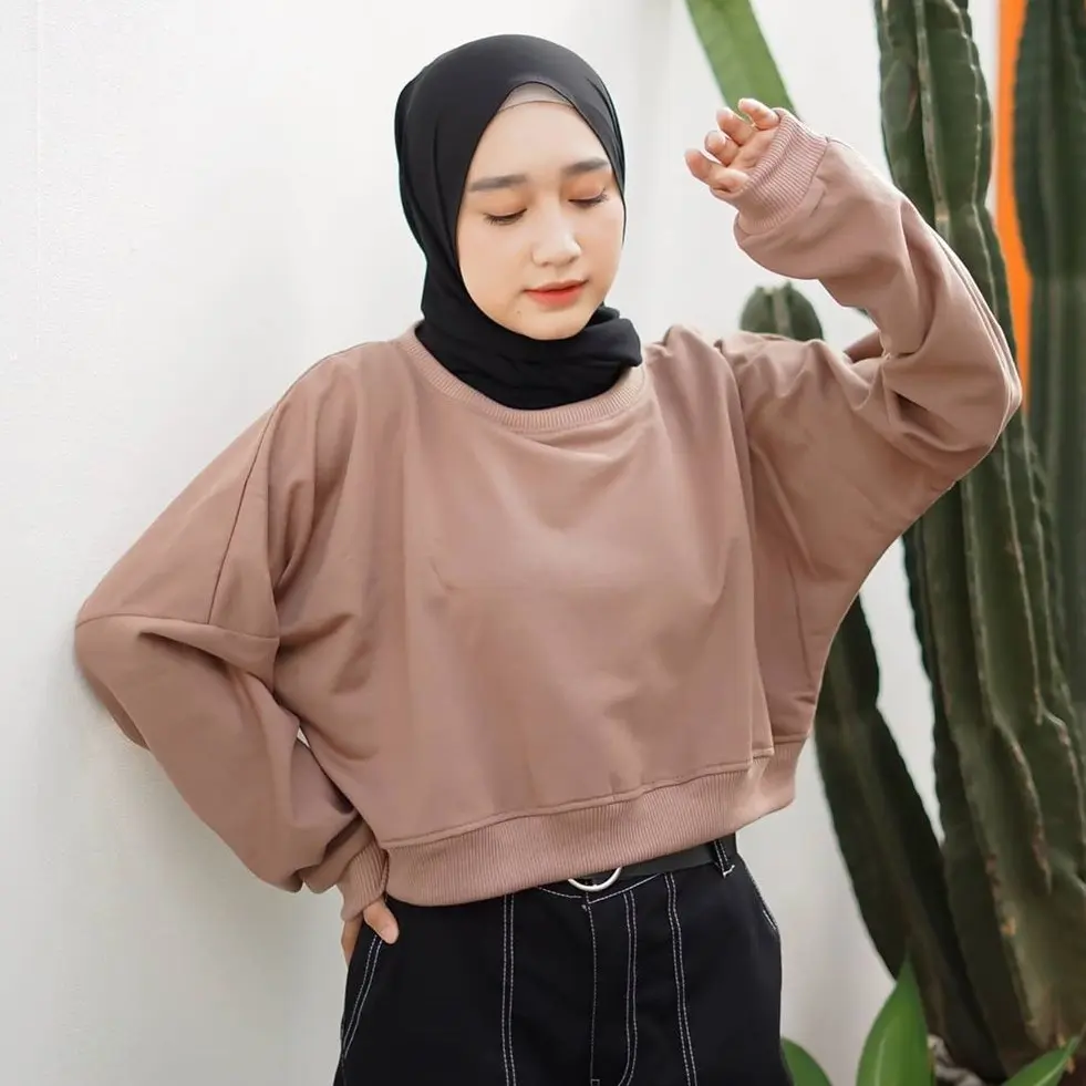 Crewneck Oversize Crop Top - Sweater Wanita Kekinian Polos