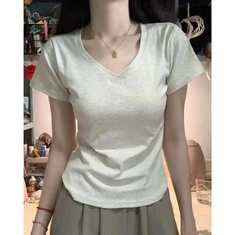 Áo baby tee Áo Thun ôm body Áo y2k 100% cotton Áo thun ngắn tay cổ chữ v mỏng mùa hè
