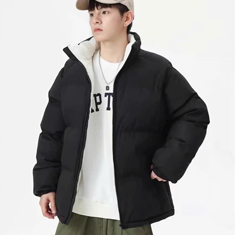 Áo Khoác Phao Nam Unisex Lót Lông Trắng Cổ Trụ Dây Khóa Kéo Có Túi Trong Dày Ấm Áp Mùa Đông Menswear