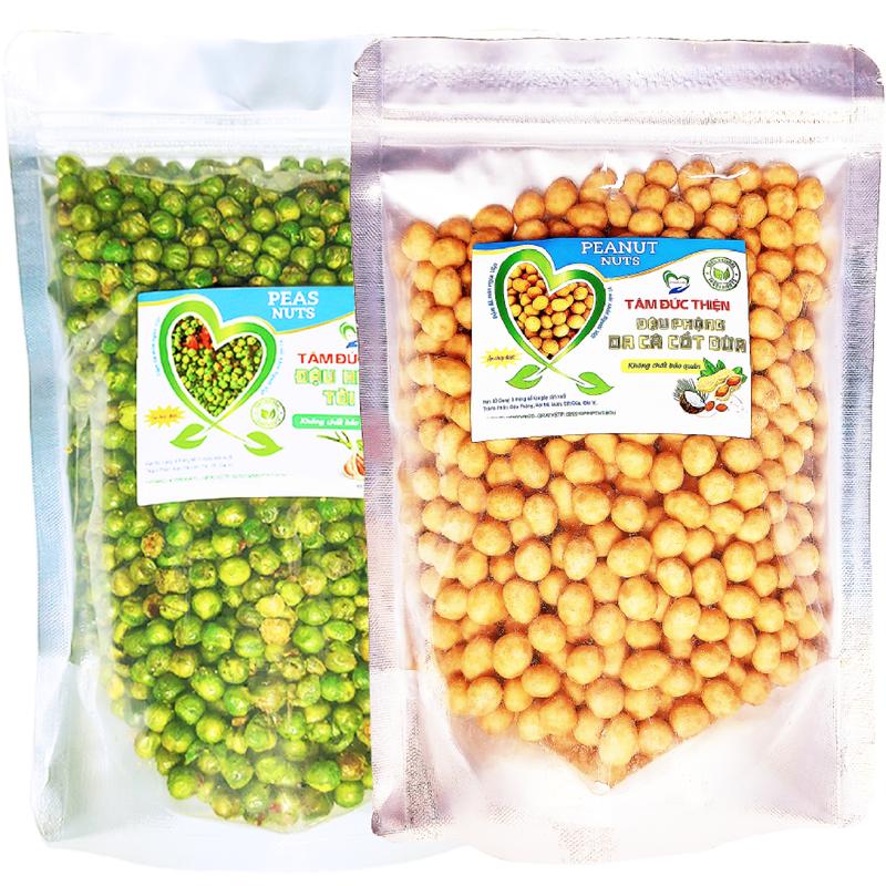 Combo 1KG Tự Chọn: Đậu Phộng Da Cá Cốt Dừa và Đậu Hà Lan Rang Tỏi Ớt Tâm Đức Thiện 2 Túi 500GR đồ ăn vặt Food Snack Nuts Cay