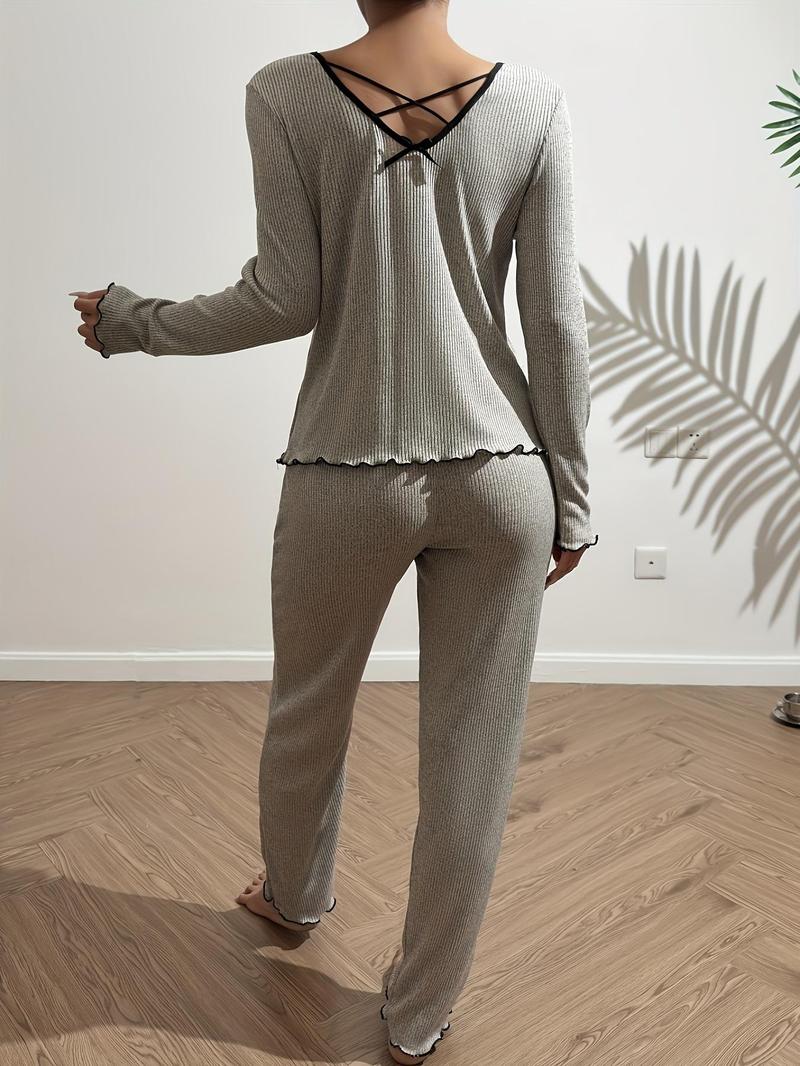 Product Introduction of Women's Contrast Lace Bow Front Pyjama Set, Casual Lettuce Trim Top & Elastic Waist Trousers PJ Set, Comfy Loungewear Sets, Lounge Co-ord Set 10