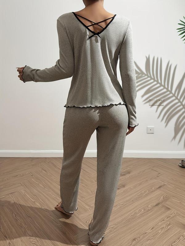 Women's Contrast Lace Bow Front Pyjama Set, Casual Lettuce Trim Top & Elastic Waist Trousers PJ Set, Comfy Loungewear Sets, Lounge Co-ord Set 2