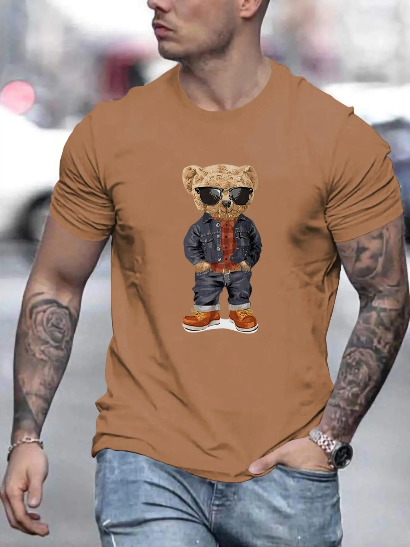LGBTQ+ Men's Cartoon Bear Print Round Neck Tee, Summer Clothes, Regular Fit Crew Neck Short Sleeve T-shirt for Summer, LGBT Outfits, Men's Top for Casual Wear