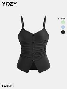 YOZY Women's Plain Ruched Button Split Hem Ribbed Cami Top, Casual Sleeveless Spaghetti Strap Top for Daily Wear, Ladies Clothes for All Seasons