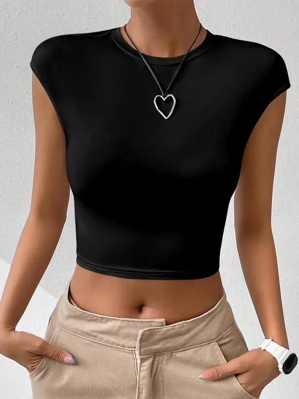 Women's Regular Fit Solid Twist Cut Out Backless Crop Tee without Necklace, Casual Cap Sleeve Round Neck T-shirt for Summer, Fashion Women's Summer Holiday Top for Daily Wear Valentine's Day, Gift 3