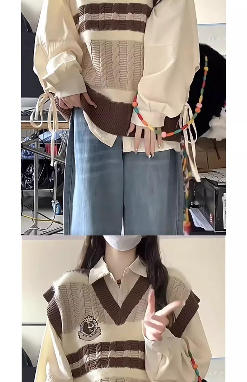 Product Introduction of Bộ Đồ Hai Mảnh Cho Nữ, Phong Cách Preppy Ngọt Ngào Nhật Bản, Màu Tương Phản, Áo Vest Dệt Kim Cổ Chữ V, Áo Sơ Mi Dài, Thích Hợp Cho Mùa Xuân Và Mùa Thu, Hàng Mới Về Women Nhung Jacket Top Pants Kem 11