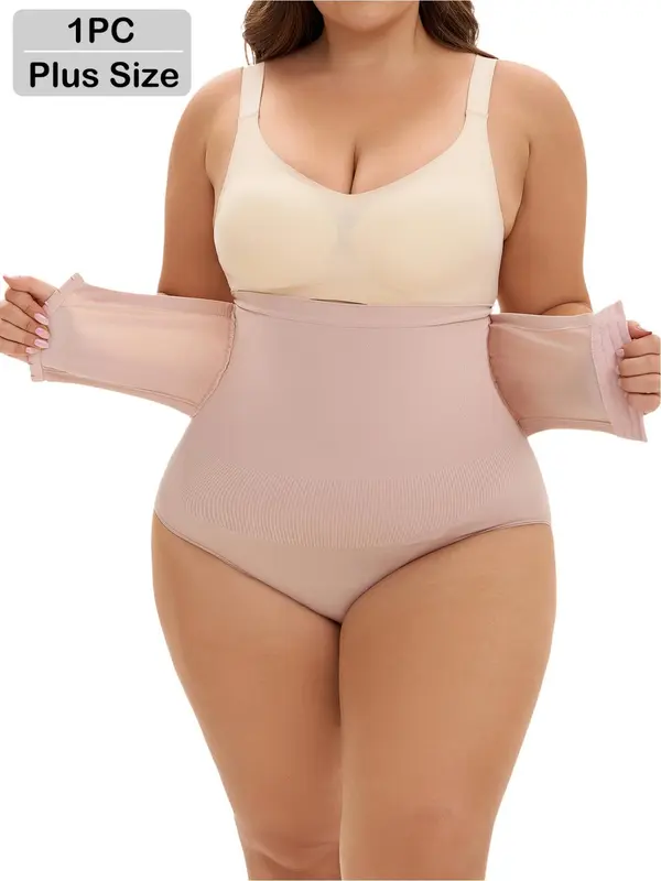 【Plus Size】 Solid High Waist Shapewear Panty, Tummy Control High Stretch Shaper, Women's Shapewear Bottoms for Daily Wear 0