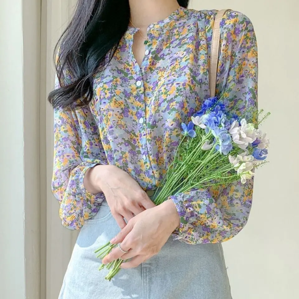 Áo Cánh Voan Hoa, Dành Cho Nữ, Sành Điệu, Hàng Mới Về Đầu Mùa Thu, Áo Sơ Mi Dài Tay, Siêu Thanh Lịch, Thời Trang, Thích Hợp Cho Người Lớn Trẻ Trung, Áo Sơ Mi Nhỏ Thanh Lịch