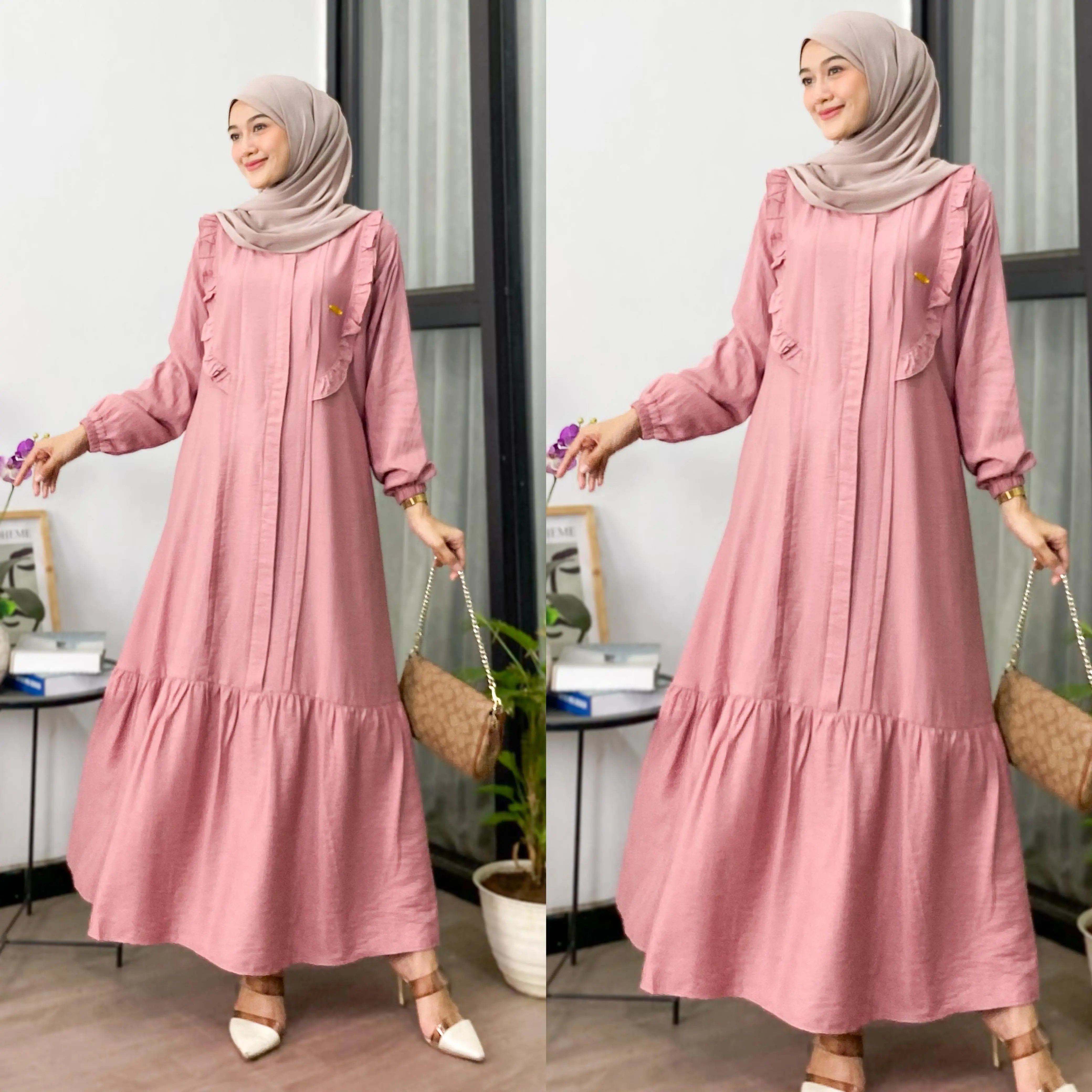 Adela Gamis Wanita Polo Linen Premium Busui Lengan Karet Polos Terbaru • simpel