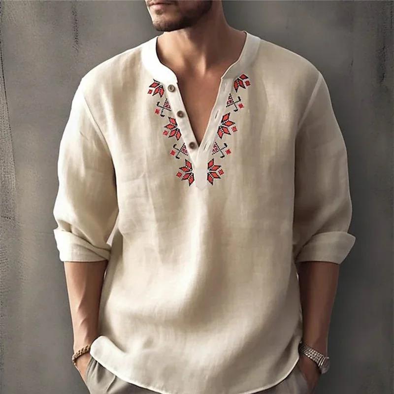 Áo Cánh Nam, Phong Cách Bohemian Cổ Điển In Hình, Tay Áo Dài, Áo Sơ Mi Cài Cúc Thường Ngày Dáng Rộng Vừa Vặn, Henley Cổ Chữ V, Thích Hợp Cho Các Hoạt Động Đi Biển, Áo Phông Hawaii Menswear Kate 1