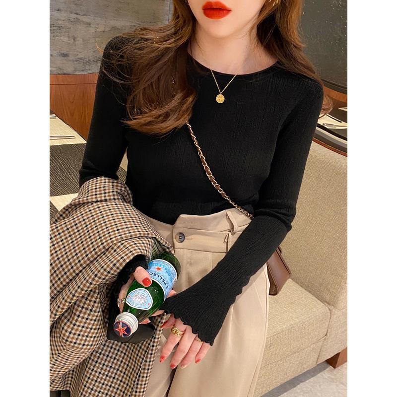 Women's Knitted Bottoming Shirt 2024 New Early Autumn Design Sense Niche Fashionable Sweater round Neck Sweater Inner Wear Blouse Knitwear Womenswear Tops Lingerie Comfort Longsleeve Minimalist Crewneck Basic 1