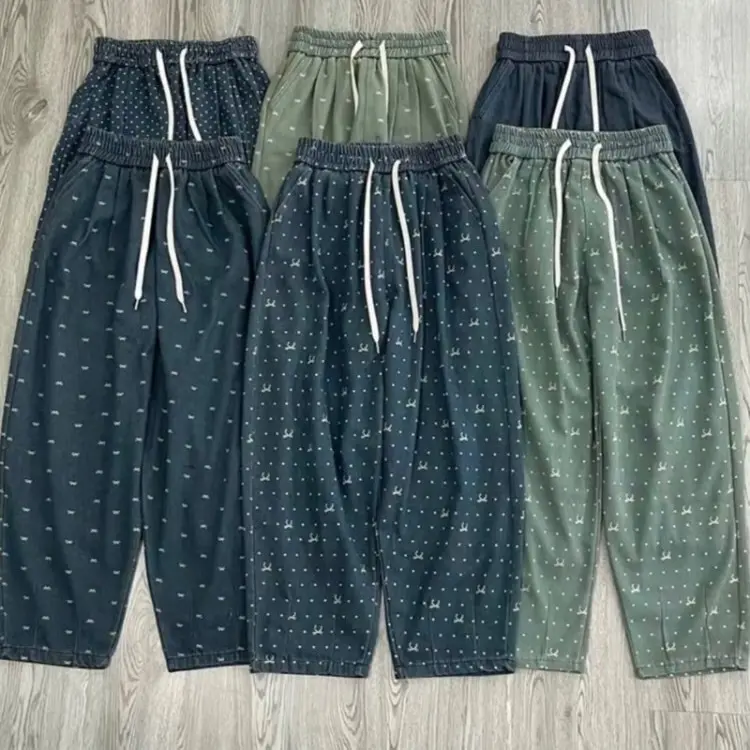 Quần bò Baggy thụng in họa tiết cạp chun dáng rộng - Thời trang nữ