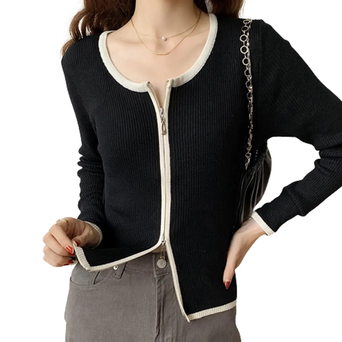 CARDIGAN RAJUT DUO-RESLETING Baju Panjang Knitwear Wanita Atasan Kardigan Outer Hitam Top Putih