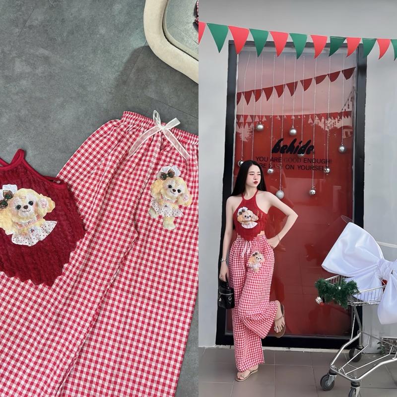 Sét đồ nữ giáng sinh quần dài caro áo yếm lông in cún dễ thương - Thiết kế đơn giản, tinh tế - Voi, Women Top Nhung Lịch