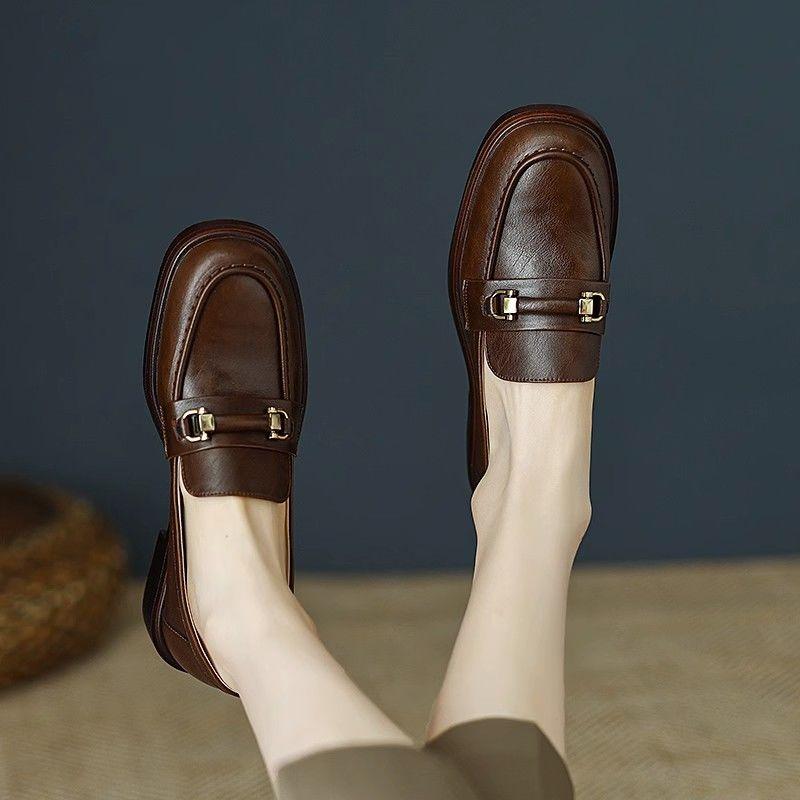 Product Introduction of Super Easy to Wear ~ Real Soft Leather round Toe Vintage Chunky Heel Loafers Women's Spring and Autumn New British Leather Shoes Mid-Heel Shoes 14