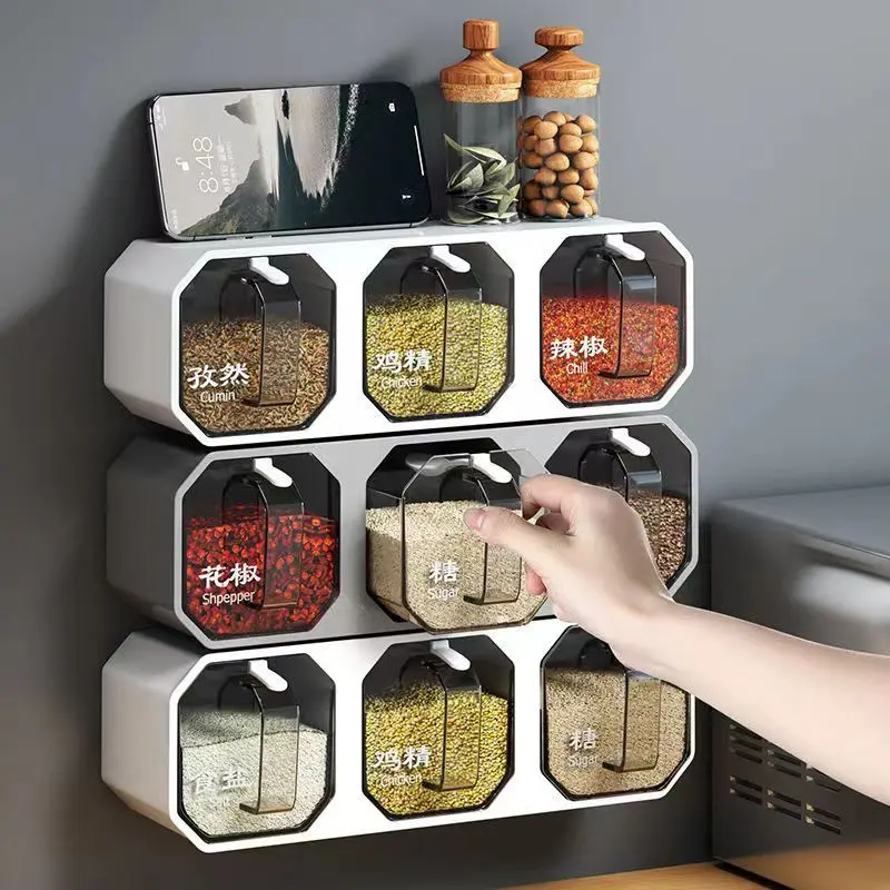 Kotak Perasa, Dipasang di Dinding, Kotak Perasa Dapur, Rak Rempah Berbilang Grid Bersepadu, MSG / Perasa Garam, Penyimpanan Balang Bermeterai Kitchenware