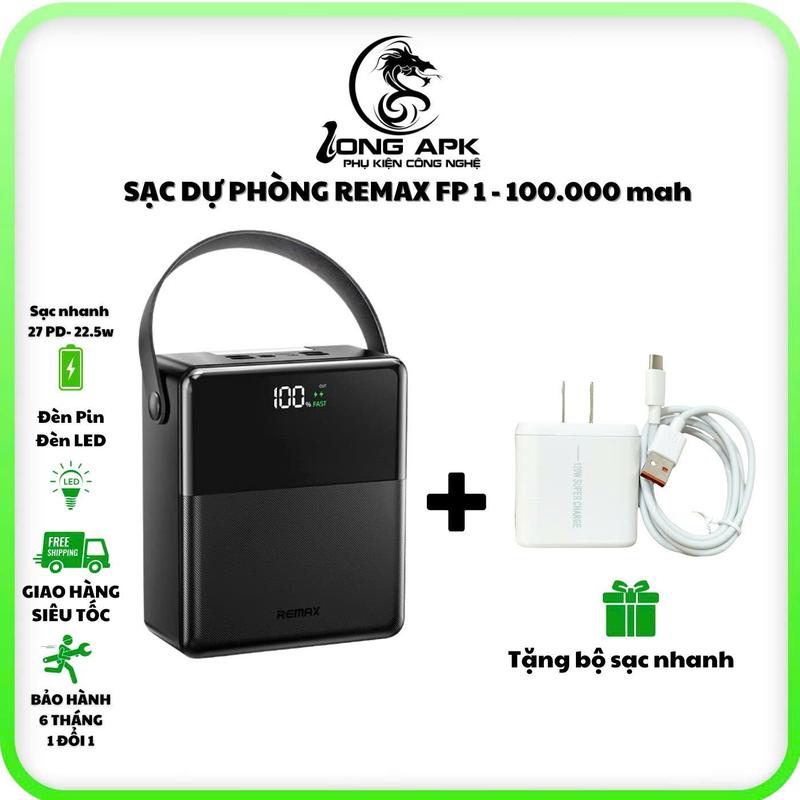 [có CCC] Pin sạc dự phòng REMAX 100.000 Mah FP-1 sạc nhanh 27w PD - 22.5w có đèn led và đèn pin kèm bộ sạc nhanh sạc điện thoại Pin Dự Phòng Phụ Kiện