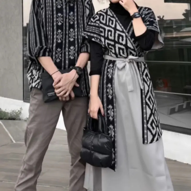 Set Couple Andin Hitam Abu Dress Kondangan Baju Batik Tenun Wanita Kain Panjang Polos Kombinasi Keluarga Pasangan 2