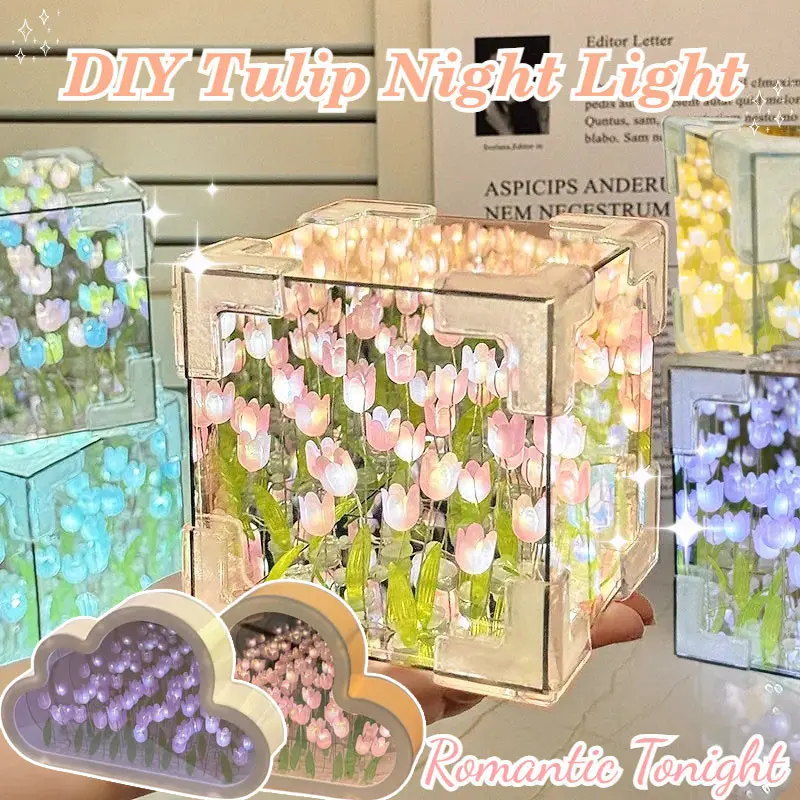 （DIY） Tulip Night Light Tulip Mirror Cube Desk Lamp Bedroom Decoration, LED Atmosphere Light Gift