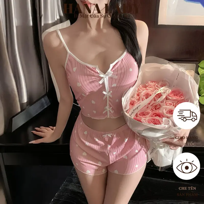 Đồ Ngủ Nữ - Bộ Ngủ Thun 2 Dây Croptop Họa Tiết Trái Tim Đính Nơ VN605 3