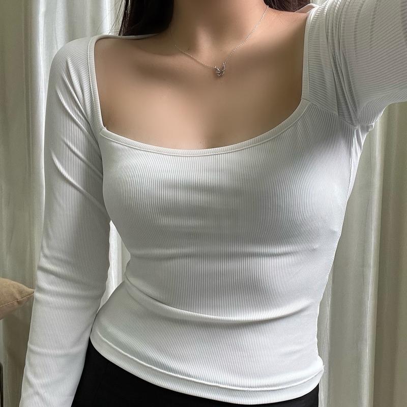 [XẢ KHO CẮT MẪU ] [1] Áo thun len tăm dài tay cổ vuông dáng ôm gọn (KHÔNG KÈM NƠ) Top Nữ Thun Kem