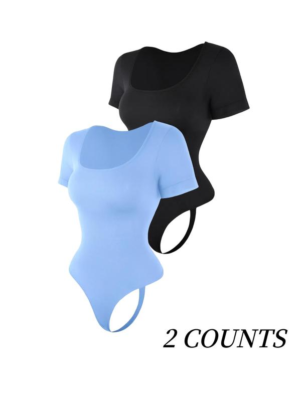 Women's Solid Square Neck Short Sleeve Shapewear Bodysuit, Tummy Control Butt Lifting Button Closure Crotch Shaper, Women's Waistband Shaping Bodysuit for All Seasons, Underwear for Women 3