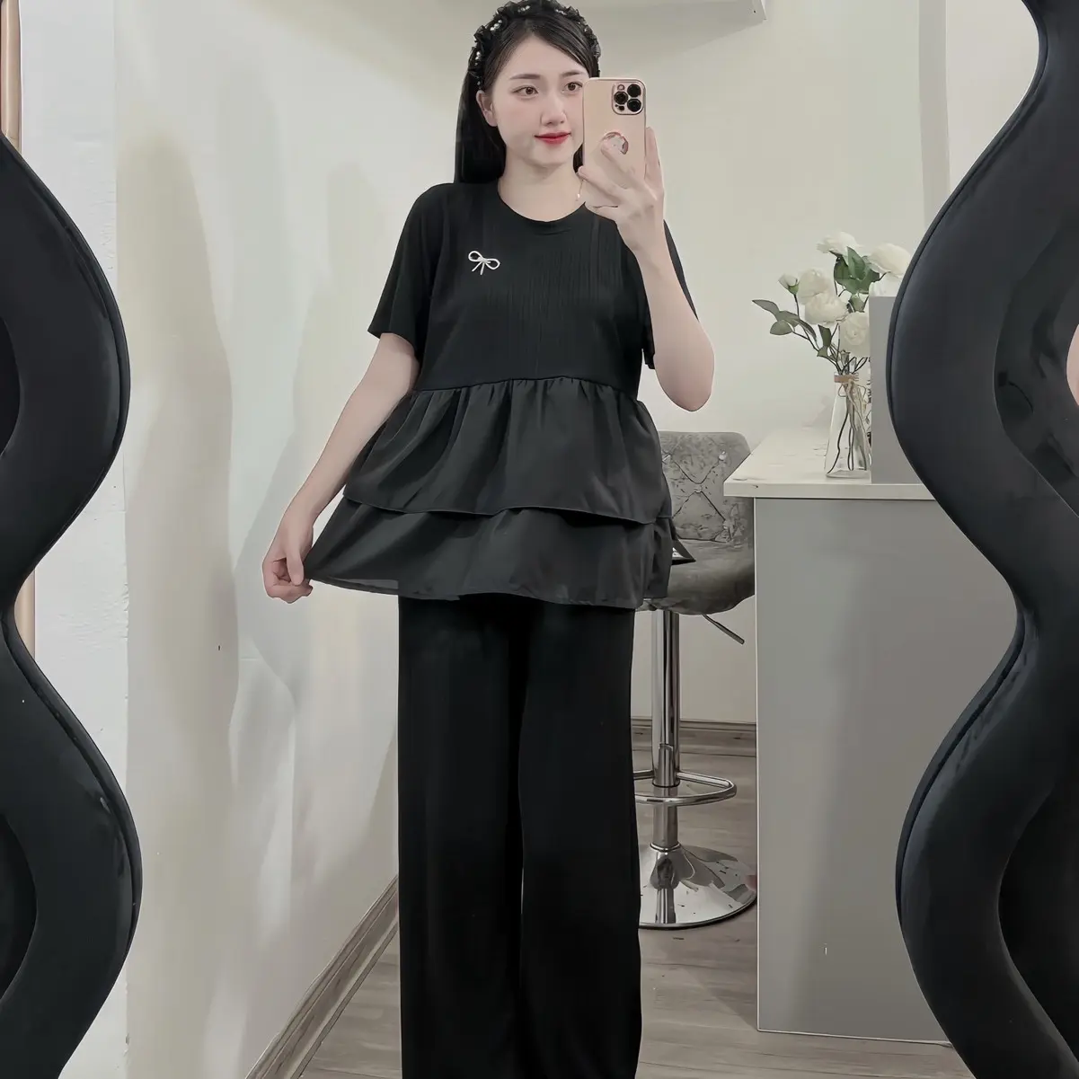 Đồ Bộ Bầu,Bộ Bầu Sau Sinh Chất Vải Tăm Thái Với Form Áo Babydoll Kết Hợp Quần Có Chỉnh Chun.(Đầm Bầu  ,Váy Bầu)