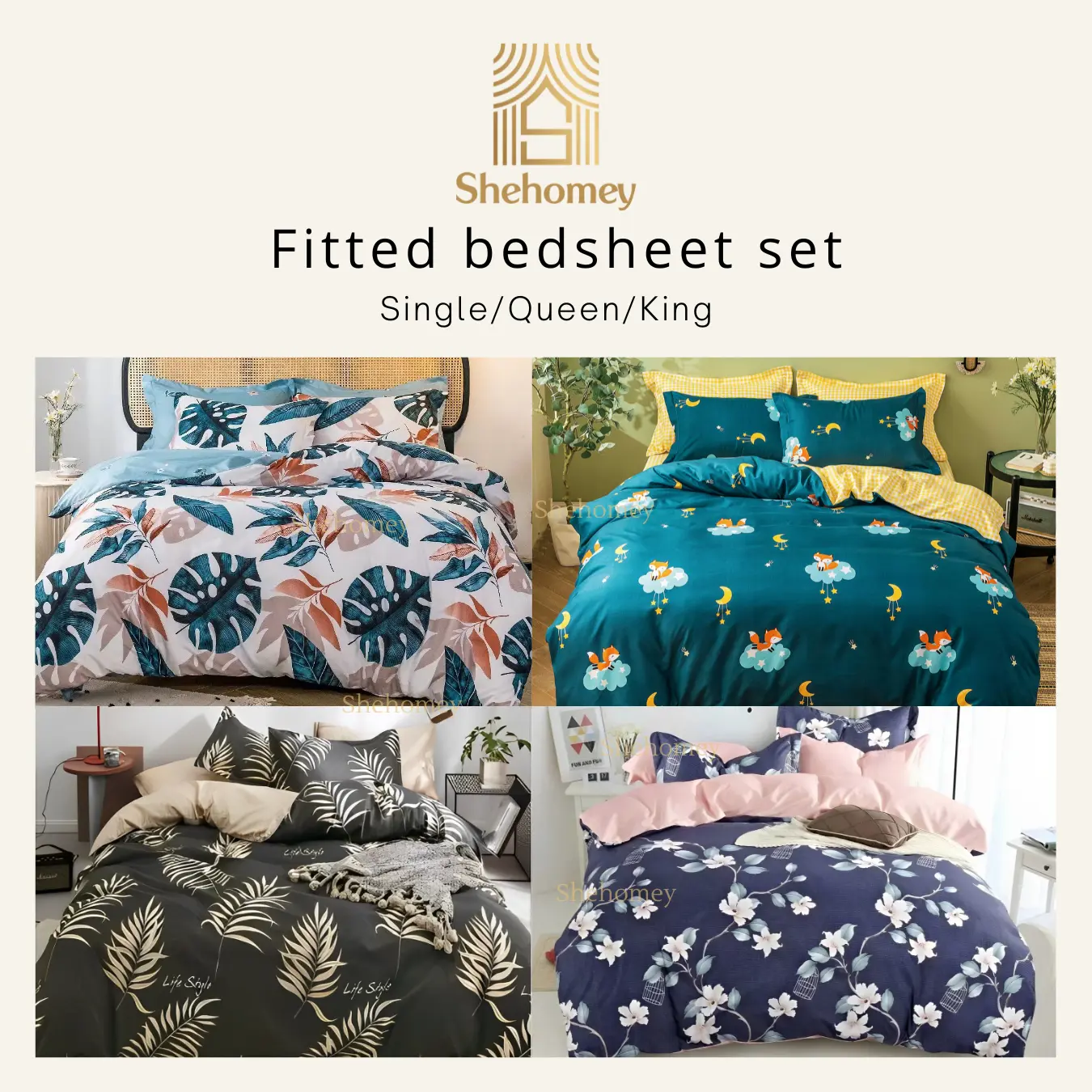 SHEHOMEY Cadar Set (2in1 Single/ 4in1 Queen/ King) Getah Keliling Fitted Bedsheet Bedding Soft