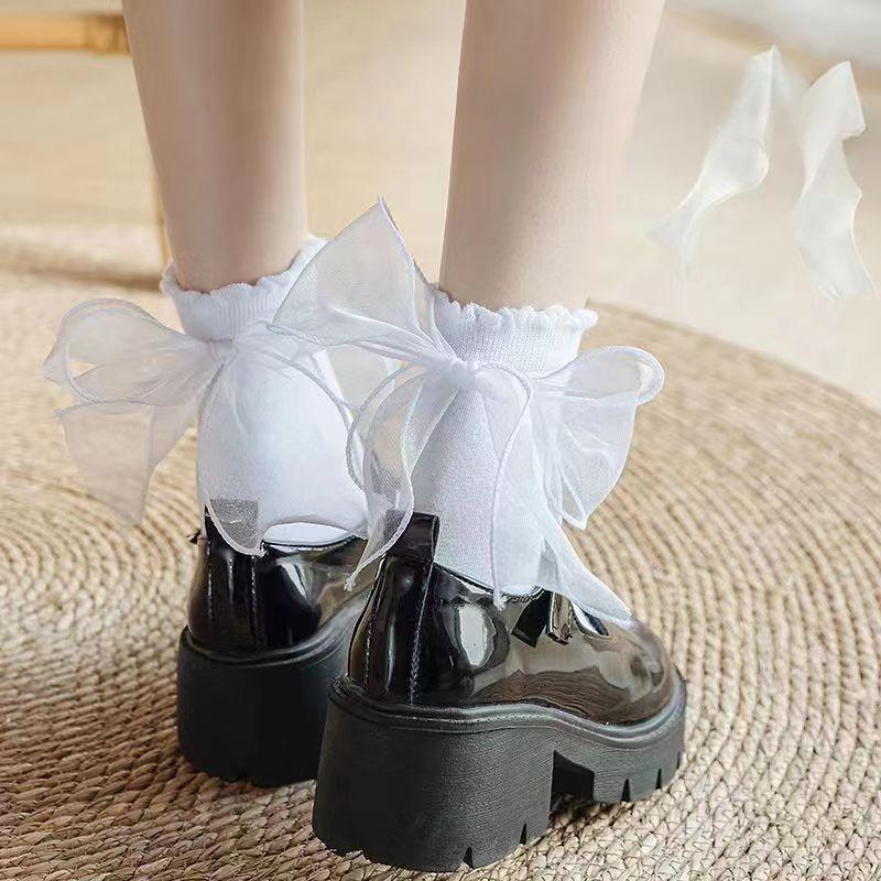 Tất Nơ Ruy Băng, Chất Liệu Mềm Mại Và Trắng, Thích Hợp Cho Bé Gái Và Phụ Nữ, Phong Cách Lolita Ren, Dài Giữa Bắp Chân, Thiết Kế Xếp Ly Và Nhún Nhún Dễ Thương, Tất Mắt Cá Chân, Váy Phong Cách Nhật Bản, Đồ Lót