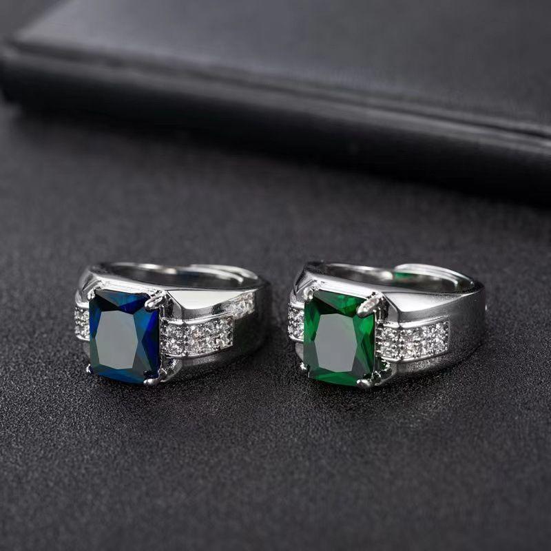 Product Introduction of New Wish Cross-Border Emerald Men's Ring European and American Blue Diamond Green Pointed Crystal Trendy Men's Open Ring Finger 4