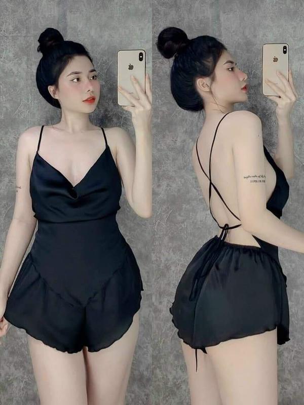 (50Kg-90Kg) Bộ Đồ Mặc Ngủ Kiểu Yếm Vải Lụa Satin Trơn Không Mút Dành Cho Nữ Quần Ngủ Áo Ngủ