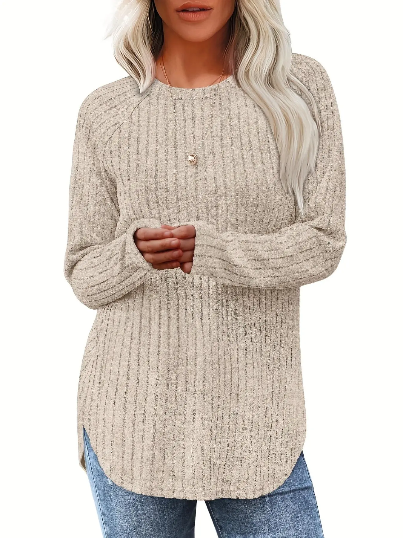 Women's Plain Ribbed Crew Neck Sweater, Fashion Casual Long Sleeve Jumper for Daily Wear, Ladies Clothes for All Seasons