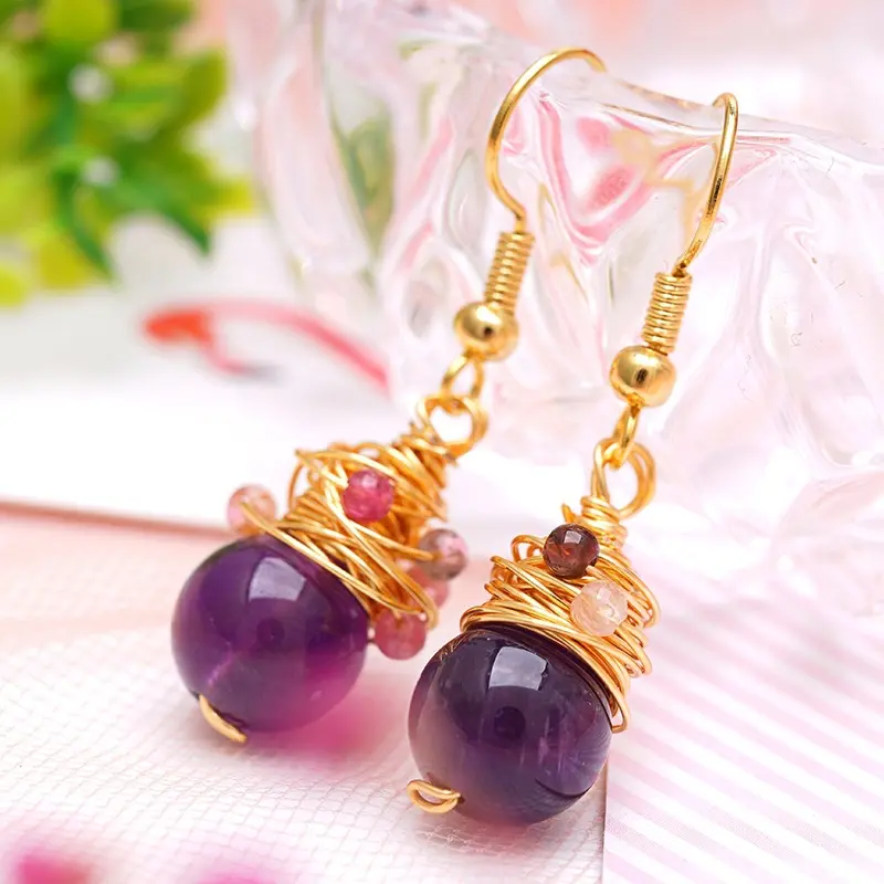 Bông Tai Pha Lê, Mạ Vàng 14K, Đá Amethyst Uruguay Tự Nhiên Và Sợi Tourmaline, Trang Sức Tai Nữ Thời Trang