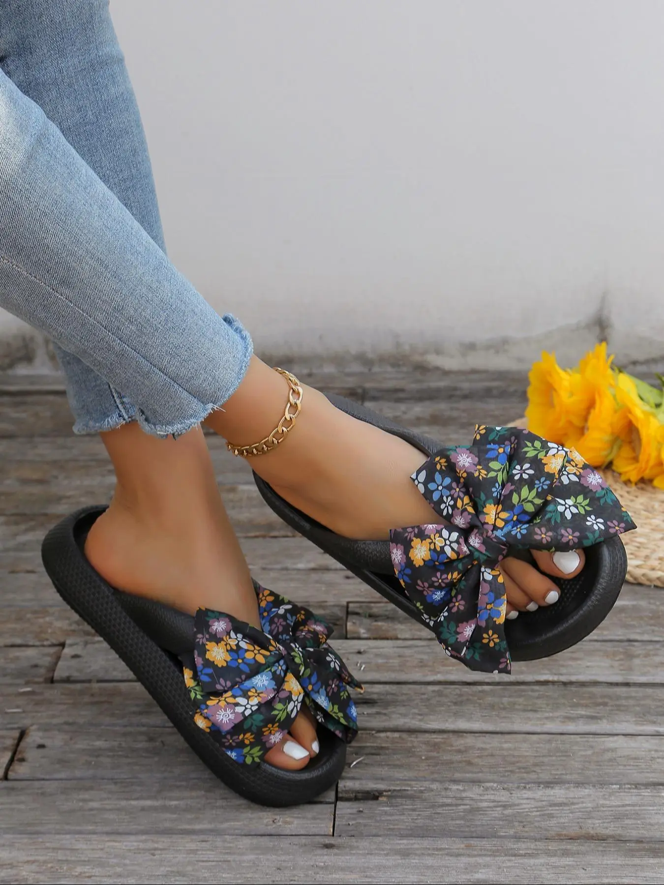 Women's Floral Print Bowknot Design Slides, Casual Comfortable Home Slippers, Non-slip Soft Slippers for Indoor & Outdoor Wear, Walking Shoes