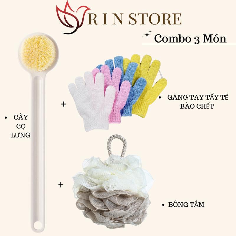 Bàn Chải Chà Lưng Bông Tắm Găng Tay Tẩy Tế Bào Chết Combo 3 Món Làm Sạch Tế Bào Chết Trên Da RIN