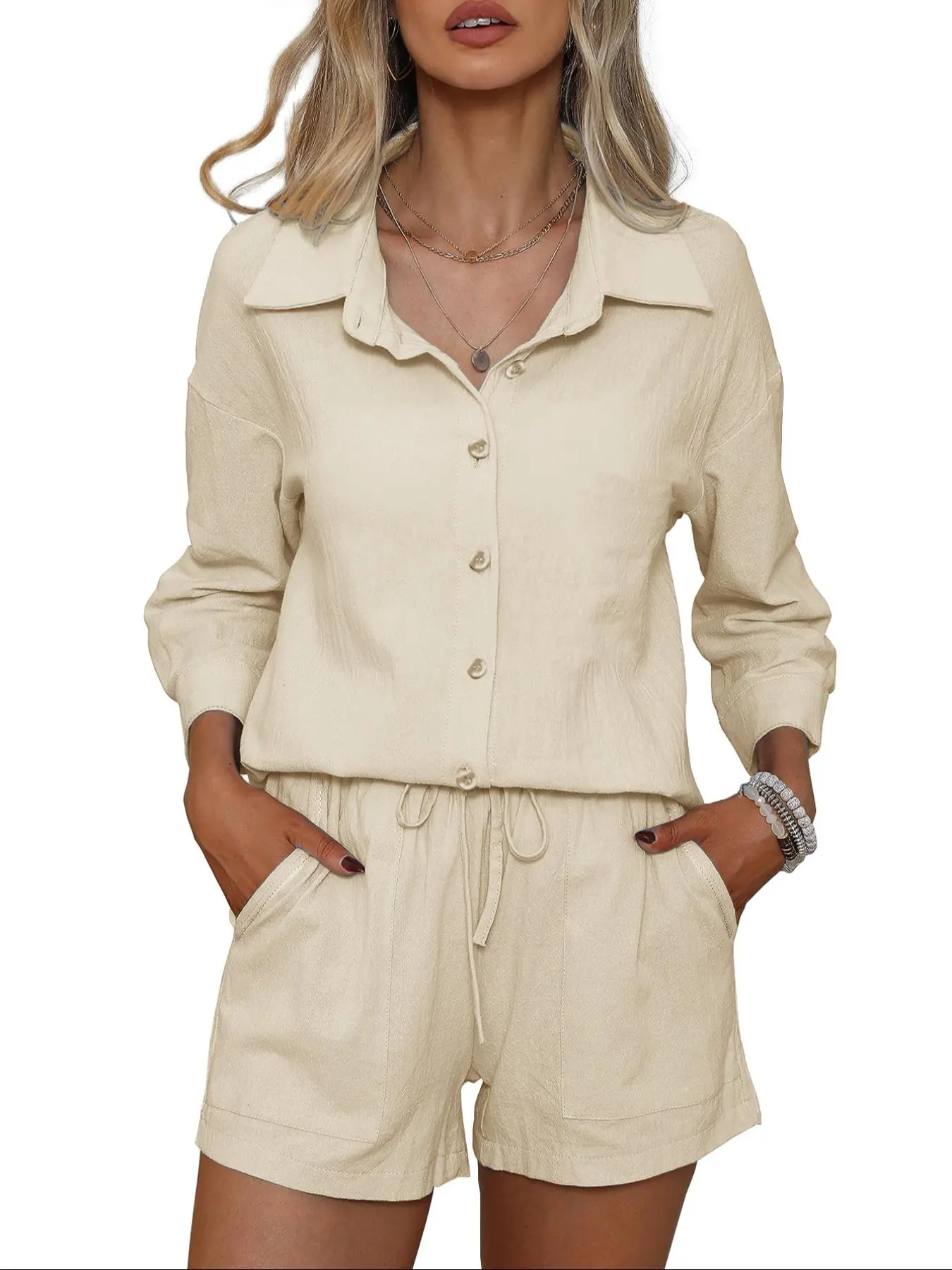 Women's Solid  Button Front Shirt & Shorts Two-piece Set, Casual Long  Sleeve Top &  Shorts for Summer, Ladies Clothes for Daily Wear