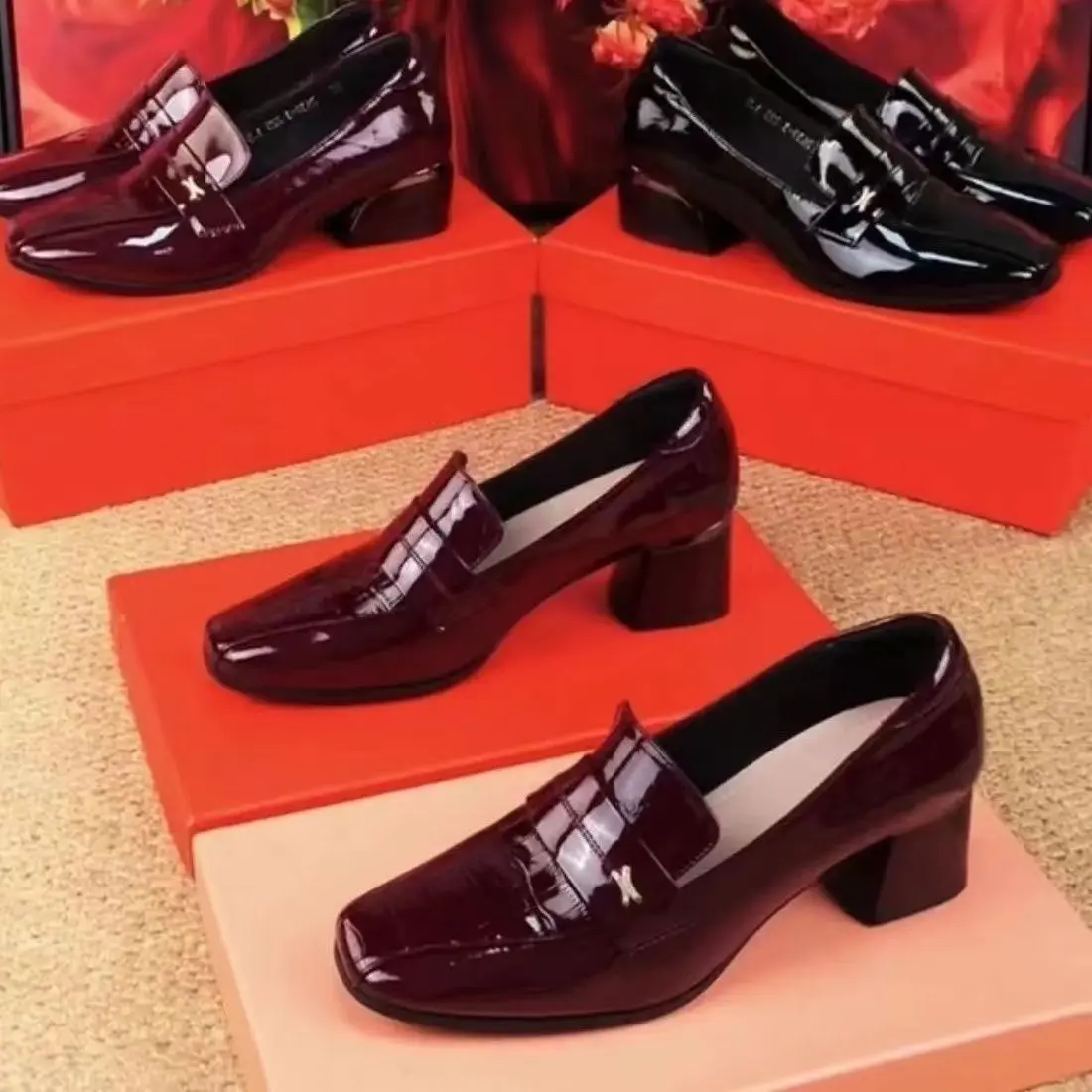 Giày Cao Gót, Da Thật, Dành Cho Nữ, Phong Cách Anh Quốc, Gót Chunky, Da Bóng, Giày Lười, Gót Trung Bình Hàng Mới Về Mùa Lò Xo Và Mùa Thu 2024