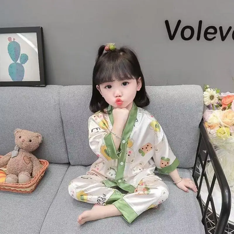 Bộ Đồ Ngủ Lụa Lạnh Cho Trẻ Em, Hàng Mới Về, Quần Dài Ngắn Tay, Mỏng Và Dễ Thương, Thích Hợp Cho Mùa Hè, Áo Cardigan Nhỏ Gái, Quần Áo Điều Hòa Không Khí Gia Đình