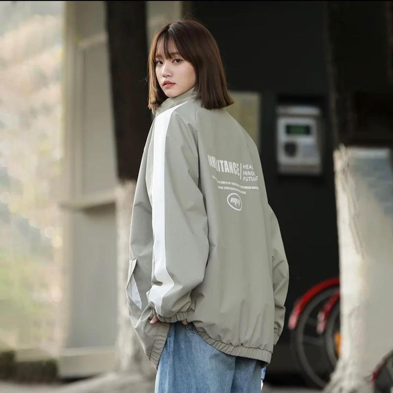 Jacket áo khoác gió 4 màu 2 lớp 1 mặt dành cho cả nam và nữ in chữ, sọc đứng, 4 mùa, túi có khóa, Menswear 6