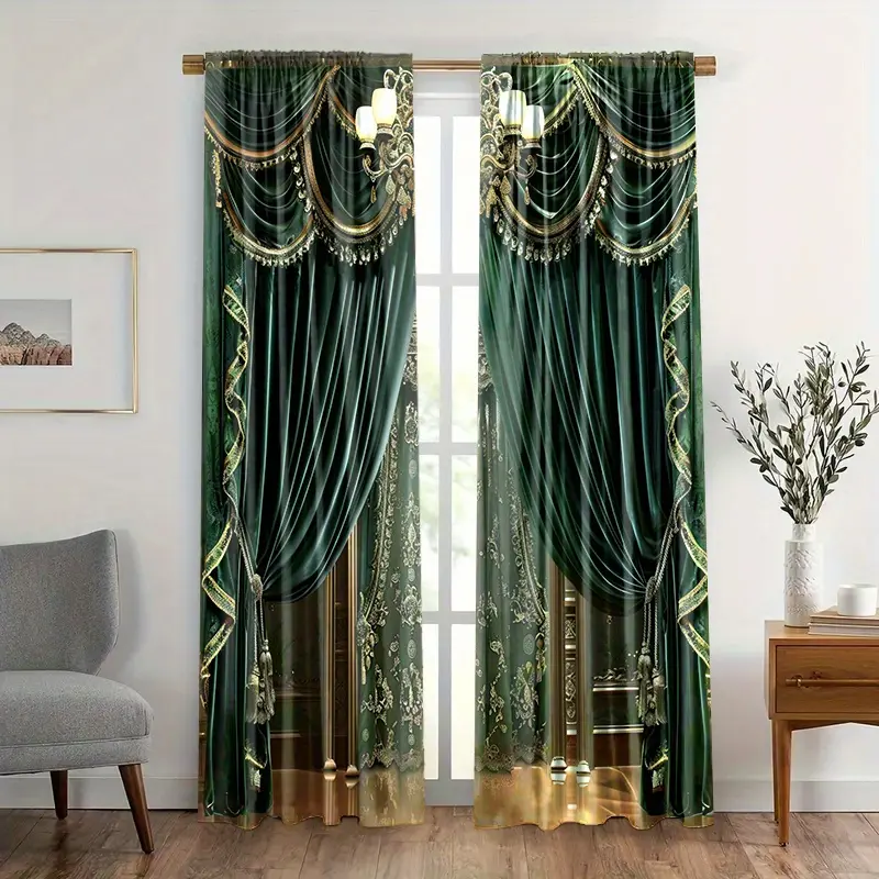 [] 2pcs Green Curtain Printed Curtain Blackout Privacy Curtain Set, Used in Bedroom, Study, Living Room, Balcony, Office, Dormitory, Home Decoration Rod Type Curtain