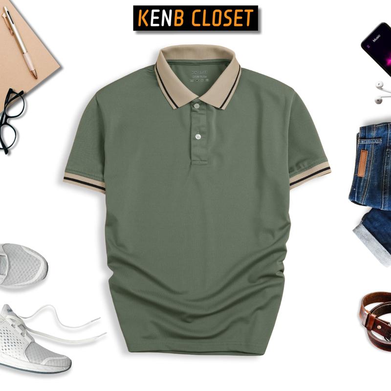 Áo thun nam polo KENB cổ trụ phối viền sọc chất vải cá sấu cotton dày dặn co giãn thời trang