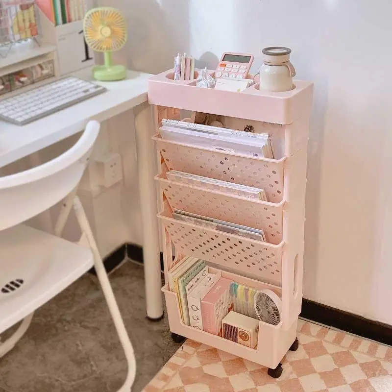 Detachable 5 Layer Desk Storage Rack with Wheel, 1 Count Desk Side Book Storage Rack, Magazine & Newspaper Storage Organizer for Home & Office, Stocking Fillers Gift