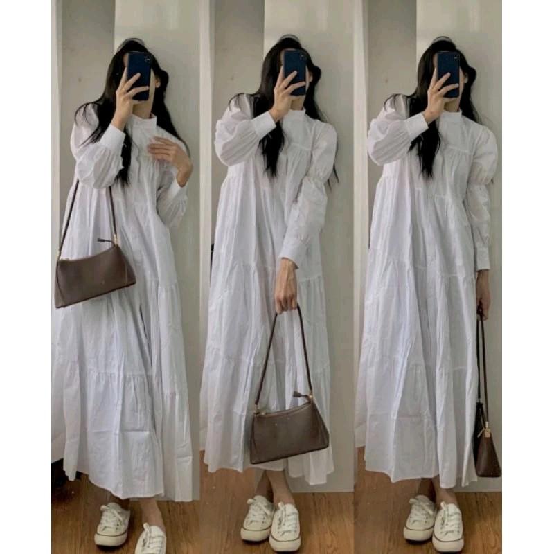   HUAIAN.STUDIO  Váy sơ mi dáng dài cổ tàu phong cách Hàn Nữ Dress Women -  Màu Trắng 