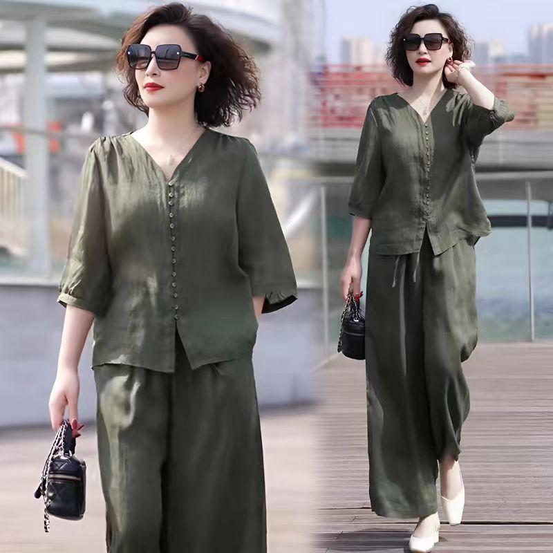 Bộ Đồ Vải Lanh Và Cotton, Bộ Sưu Tập Mới Cho Mẹ TRUNG NIÊN, Thời Trang Thường Ngày Hàng Mới Về Mùa Hè, Áo Vải Lanh Và Quần Ống Rộng, Bộ Hai Mảnh, 2024 1