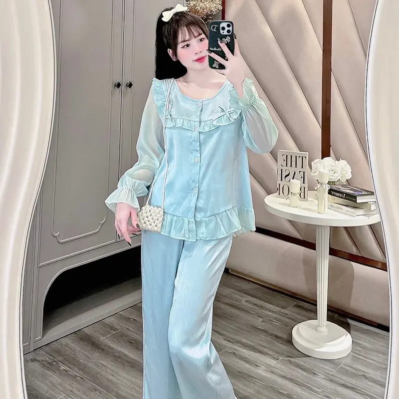 BỘ LỤA XƯỚC TAY DÀI REN NƠ Nữ 3