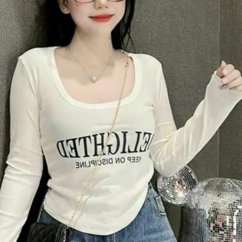 Áo Bigsize 45-85kg Thun Gân Tăm Lạnh Co Giãn ESHOP Áo Thun Nữ Tay Dài Bigsize Nhún Eo In Chữ DeLi Ôm Đẹp Dễ Thương MS068 Top Áo Bigsize Women Cổ Tròn Nhung