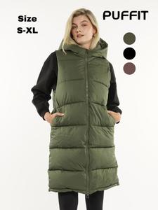 Women's Solid Pocket Zip Up Hooded Puffer Vest Coat Long Puffer Gilet, Casual Warm Sleeveless Waterproof Thermal Outerwear for Fall Winter Daily Wear, Coats for Women
