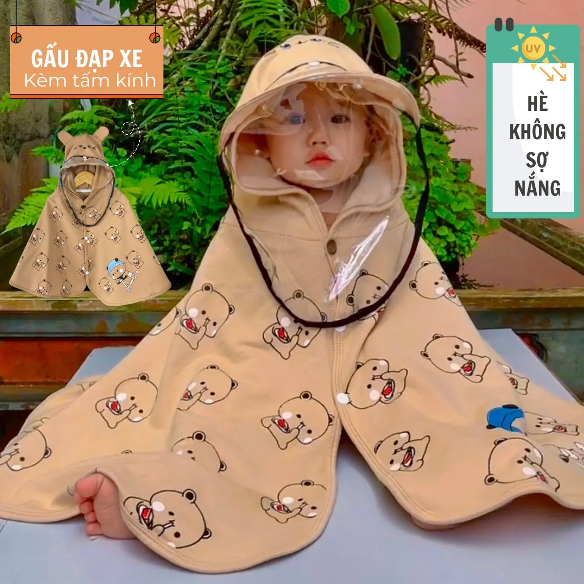 Áo chống nắng cho bé có tấm chắn bụi dáng choàng tiện lợi chất vải Cotton da cá dày dặn chống tia UV thấm hút mồ hôi phong cách Hàn Quốc dễ thương - Chebokids